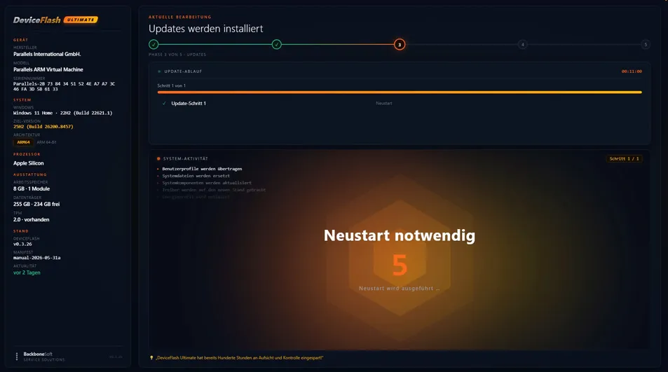 DeviceFlash Ultimate Cockpit: „Neustart notwendig“ - der nächste Reboot wird automatisch ausgeführt