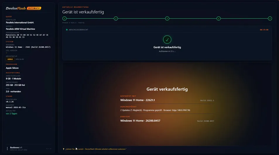 DeviceFlash Ultimate: Abschluss-Bildschirm „Gerät ist verkaufsfertig“ mit Bericht (Start- und Ziel-Build)