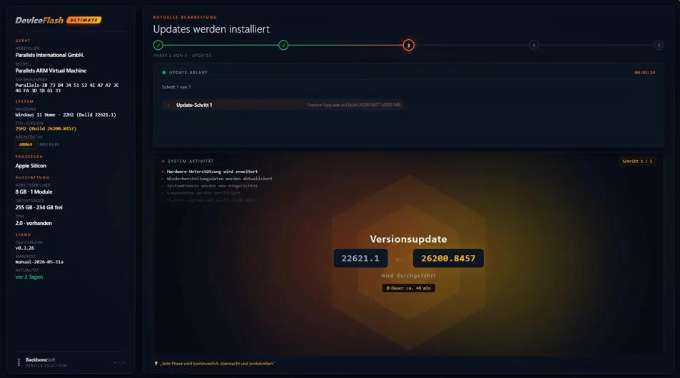 DeviceFlash Ultimate Cockpit: Versionsupdate von Build 22621.1 auf 26200.8457